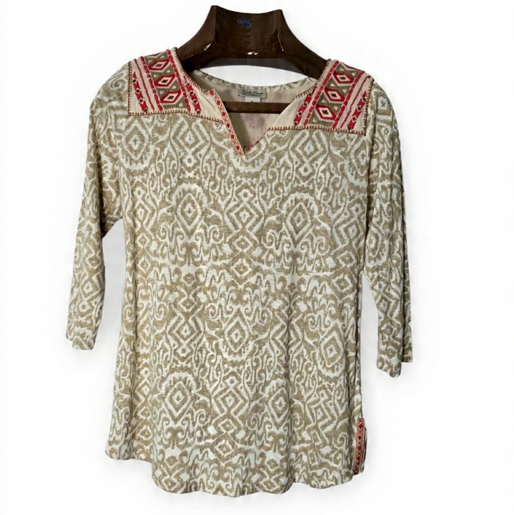 Tan and Red Patterned Embroidered Aztec‎ Southwestern Blouse Boho Outing